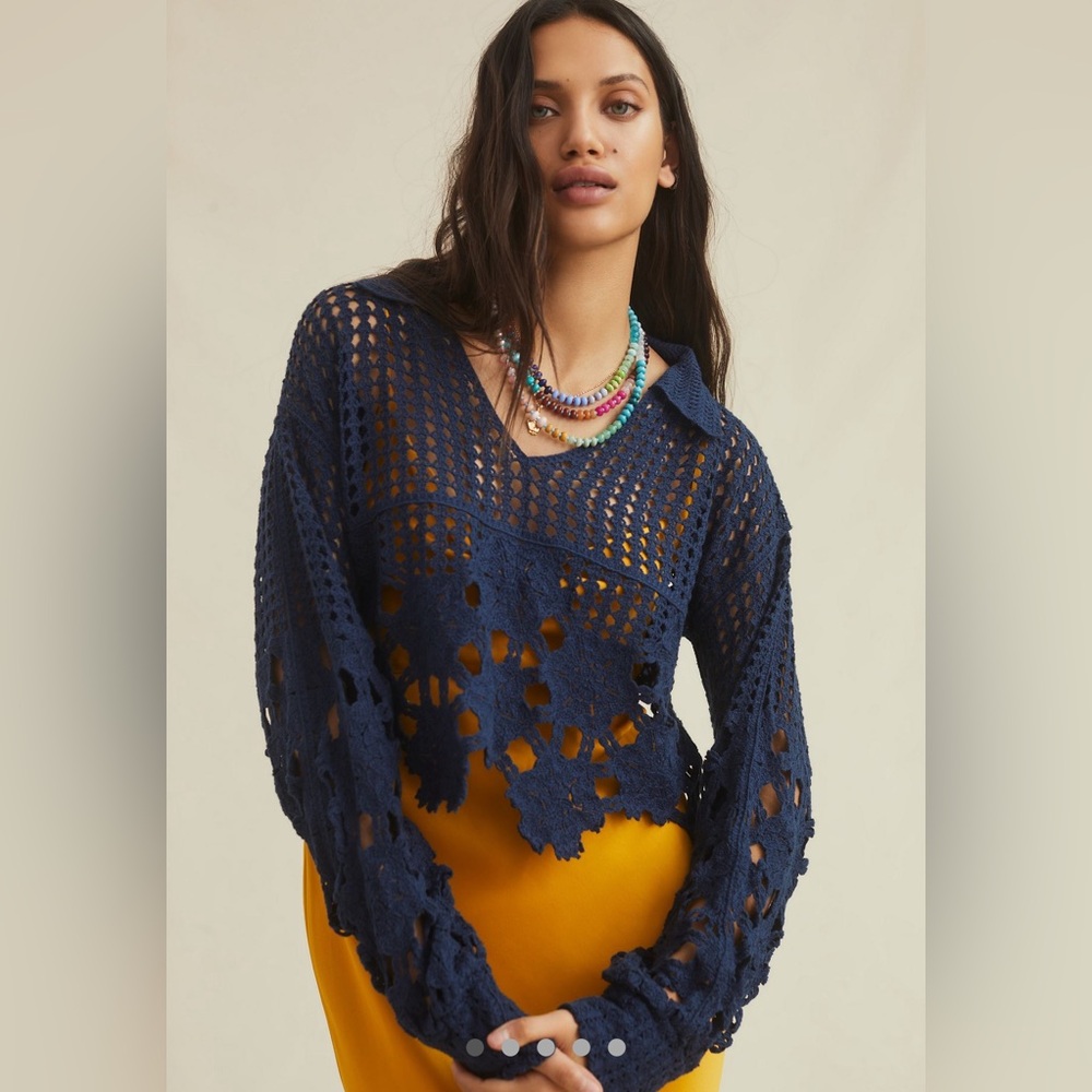Anthropologie Eyelet Crochet Top in Navy, layering, festival boho layer, OSFM